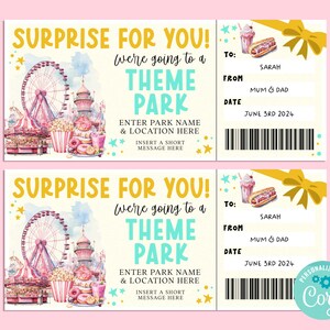 Surprise THEME PARK Editable Gift Ticket Template, Birthday Gift Certificate, Surprise Ticket, Getaway, INSTANT, Carnival, Amusement Park