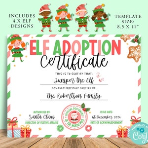 Certificado de adopción de DUENDE DE NAVIDAD, Actividad de elfo de Navidad, Ayudantes de Papá Noel, Lista de buenos, Carta de Papá Noel para imprimir, Elfie