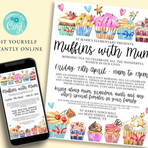 MOTHERS DAY Editable Flyer Template, Bake Sale, Fundraiser, Muffins with Mum, PTO Fundraiser, Appreciation, Printable Invite, Instant, Corjl