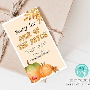 May include: A printable thank you tag with a fall theme. It features a handwritten message that says "You're the Pick of the Patch" with a decorative border of fall leaves. The text below reads "Thanks for all that you do! Love the Robinson Family". The tag also features a watercolor illustration of pumpkins and mushrooms.