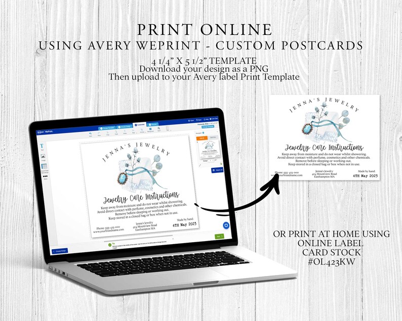 Puede incluir: Una plantilla de dise&ntilde;o digital para una postal de 10,8 cm x 14 cm con una ilustraci&oacute;n de acuarela de un collar de piedras preciosas azules con una cinta azul y hojas verdes. El texto "Jenna's Jewelry" y "Jewelry Care Instructions" est&aacute;n incluidos en la postal. El texto "OR PRINT AT HOME USING ONLINE LABEL CARD STOCK #OL423KW" tambi&eacute;n est&aacute; incluido.