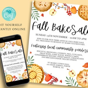 Edytowalny szablon ulotki FALL Bake Sale, DIY, plakat wydarzenia, zbiory jesienne, zaproszenie cyfrowe, zaproszenie do druku, natychmiastowe, sprzedaż ciast, ciasto