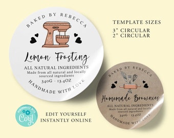 ROUND Baking Editable Product Sticker, Baked Goods Custom Product Label, 3", 2", DIY Round Sticker, Kraft Round, Diy Label, Printable, Corjl