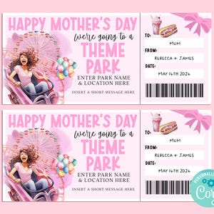 Mothers Day THEME PARK Editable Gift Ticket Template, Birthday Gift Certificate, Surprise Ticket, Getaway, INSTANT, Carnival, Amusement Park