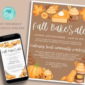 Edytowalny szablon ulotki FALL Bake Sale, DIY, plakat wydarzenia, zbiory jesienne, zaproszenie cyfrowe, zaproszenie do druku, natychmiastowe, sprzedaż ciast, ciasto
