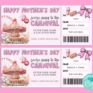 Mothers Day CARNIVAL Editable Gift Ticket Template, Birthday Gift Certificate, Surprise Ticket, Getaway, INSTANT, Theme Park, Amusement Park