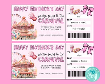 Mothers Day CARNIVAL Editable Gift Ticket Template, Birthday Gift Certificate, Surprise Ticket, Getaway, INSTANT, Theme Park, Amusement Park