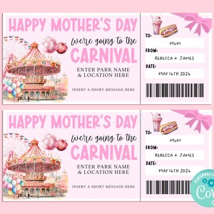Mothers Day CARNIVAL Editable Gift Ticket Template, Birthday Gift Certificate, Surprise Ticket, Getaway, INSTANT, Theme Park, Amusement Park