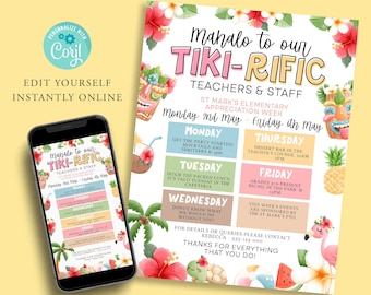 Op de afbeelding: Een kleurrijk, printbaar bord met een tropisch thema, dat leraren en personeel bedankt met de tekst "Mahalo to our Tiki-Rific Teachers & Staff". Het bord bevat een schema met evenementen voor een week lang waardering, met een andere activiteit gepland voor elke dag. Het bord is versierd met tropische bloemen, een ananas, een tiki-idool en een flamingo.