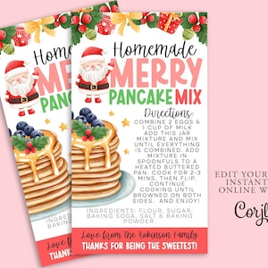 May include: Printable Christmas-themed pancake mix recipe card with a red and white Santa Claus illustration, a stack of pancakes with blueberries and syrup, and the text "Homemade Merry Pancake Mix".