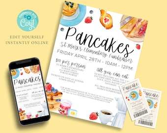 Bewerkbare PANCAKE Fundraiser Flyer-sjabloon, waardering van leraren, pannenkoekenontbijt, evenementenposter, digitale uitnodiging, afdrukbaar, Instant, Corjl