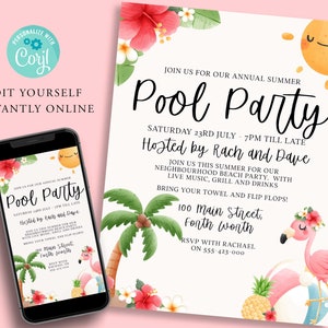 May include: Editable pool party invitation template with a flamingo, palm trees, and a sun. The text reads "Join us for our annual summer pool party, Saturday 23rd July - 7pm till late, Hosted by Rach and Dave, 100 Main Street, Forth Worth, RSVP with Rachael on 555-423-000".