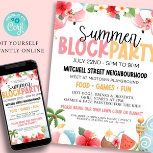 May include: A printable invitation for a summer block party. The invitation features a pink flamingo, a watermelon, a coconut, and a beach umbrella. The text on the invitation reads "Summer Block Party" and includes the date, time, and location of the event.