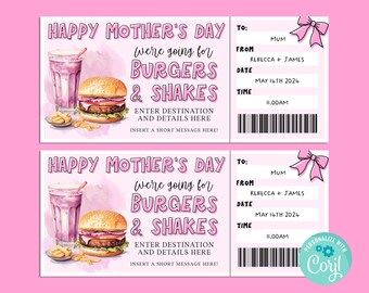 Mothers Day BURGERS & SHAKES Editable Gift Ticket Template, Birthday Gift Certificate, Surprise Ticket, INSTANT, diner, dinner, lunch
