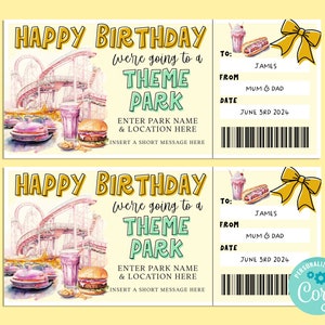 Birthday THEME PARK Editable Gift Ticket Template, Birthday Gift Certificate, Surprise Ticket, Getaway, INSTANT, Carnival, Amusement Park