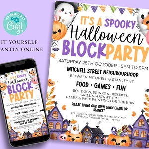 May include: Purple and orange Halloween block party invitation with a spooky theme. The invitation features a ghost, pumpkins, and houses. The text reads "It's a Spooky Halloween Block Party" and includes the date, time, and location of the event.