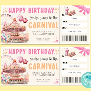 Birthday CARNIVAL Editable Gift Ticket Template, Birthday Gift Certificate, Surprise Ticket, Getaway, INSTANT, Theme Park, Amusement Park