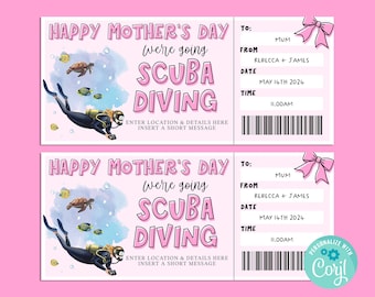 Mothers Day SCUBA DIVING Gift Ticket, Happy Birthday Gift Card, Gift Certificate, Surprise Voucher, INSTANT Corjl, Virtual gift ticket