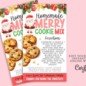 Peut inclure: Deux cartes de recettes de Noël pour "Homemade Merry Cookie Mix". Chaque carte présente une illustration du Père Noël, des cookies aux pépites de chocolat et des instructions. Les cartes sont décorées d'éléments festifs comme le houx et des boîtes cadeaux. Le texte comprend "Edit Yourself Instantly Online With Corjl."