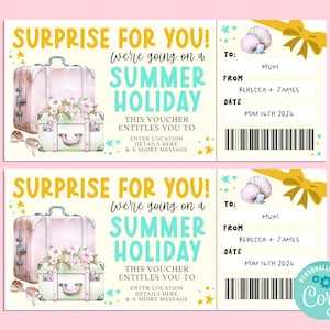 Modèle de billet cadeau modifiable voyage surprise HAWA, carte-cadeau joyeux anniversaire, chèque-cadeau, billet surprise, vacances à la plage, escapade