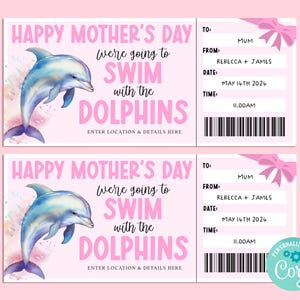 Mothers Day DOLPHIN Swim Gift Ticket, Happy Birthday Gift Card, Gift Certificate, Surprise Voucher, INSTANT Corjl, Swim With The Dolphins