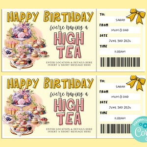 Geburtstag HIGH TEA bearbeitbare Geschenkkartenvorlage, Geburtstagsgeschenkgutschein, Überraschungskarte, Kurzurlaub, INSTANT, Morgen- oder Nachmittagstee
