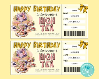 Birthday HIGH TEA Editable Gift Ticket Template, Birthday Gift Certificate, Surprise Ticket, Getaway, INSTANT, Morning or Afternoon Tea