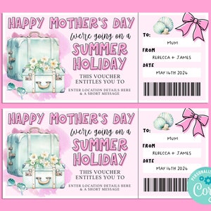 Modèle de billet cadeau modifiable pour un voyage à HAWA pour la fête des mères, carte-cadeau pour joyeux anniversaire, chèque-cadeau, billet surprise, vacances à la plage, escapade