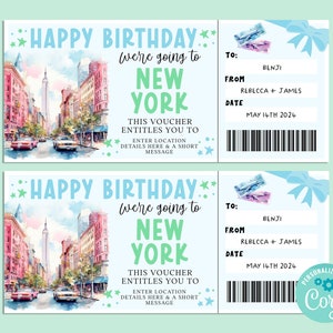 Billet d'anniversaire voyage à NEW YORK, carte-cadeau de joyeux anniversaire, chèque-cadeau, billet surprise, vacances, escapade, Corjl IMPRIMABLE