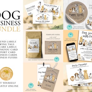 Pacchetto modelli aziendali DOG, volantini, turni, etichette di prodotti, biglietti di ringraziamento, toelettatura cani, pet sitter, passeggiate con cani, stampabile, Corjl