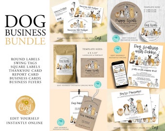 DOG Business Template Bundle, Flyers, Rounds, product labels, thankyou cards, dog grooming, pet sitting, dog walking, Printable, Corjl