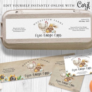 EGG CARTON Label Template, Free Range Egg Carton Label, Farmers Market, Dozen Egg Label, Half dozen, Chicken Egg, Printable, Instant Corjl