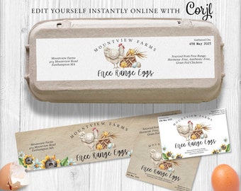EGG CARTON Label Template, Free Range Egg Carton Label, Farmers Market, Dozen Egg Label, Half dozen, Chicken Egg, Printable, Instant Corjl