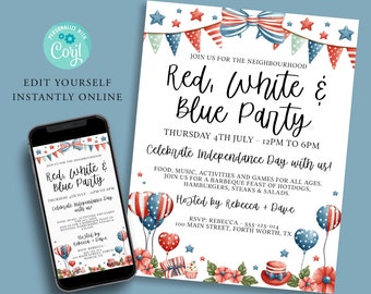 Bearbeitbare JULY FOURTH Flyer Vorlage, Straßenfest, Unabhängigkeitstag BBQ, Grill, Rot, Weiß und Blau Party, digitale Einladung, druckbare Corjl