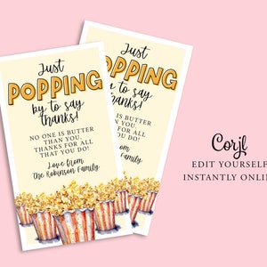 Könnte beinhalten: Zwei bedruckbare Karten mit Popcorn-Motiv. Die Karten sagen "Nur mal kurz Danke sagen!" und zeigen Aquarellillustrationen von Popcorn-Eimern. Der Text enthält eine personalisierte Nachricht.