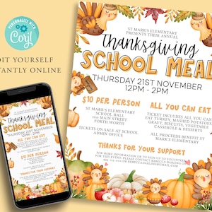 Puede incluir: Un folleto para una comida escolar de Acción de Gracias con una ilustración de acuarela de pavos, calabazas y hojas de otoño. El folleto anuncia una comida tipo bufé por 10 € por persona en la escuela primaria St. Mark's el jueves 21 de noviembre de 12:00 a 14:00. Todas las ganancias benefician a la escuela primaria St. Mark's.