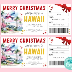 Boleto de regalo para viaje de Navidad a Hawái, tarjeta de regalo de temporada, certificado de regalo, regalo sorpresa, vacaciones en la playa, escapada, Corjl IMPRIMIBLE