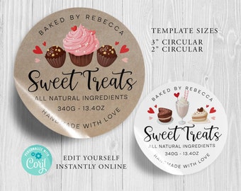 ROUND Sweet Treat Editable Product Sticker, BAKING Custom Product Label, 3", 2", DIY Round Sticker, Kraft Round, Diy Label, Printable, Corjl