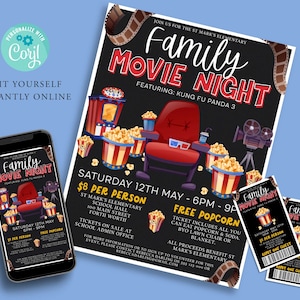 Movie Night Fundraiser bearbeitbare Flyer Vorlage, Schulfilmnacht, PTO, Fundraiser für Kirchengemeinschaft, Kino, Event Poster, Printable