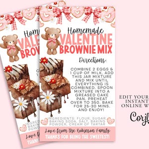 Könnte beinhalten: Ausdruckbare Valentinstags-Brownie-Mischrezeptkarte mit einem rosa und roten Farbschema. Die Karte zeigt eine niedliche Illustration eines Bären, der ein Herz und einen Brownie hält. Der Text auf der Karte lautet "Homemade Valentine Brownie Mix" und enthält Anweisungen zum Backen der Brownies. Die Karte enthält auch den Text "Edit Yourself Instantly Online With Corjl".