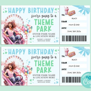 Birthday THEME PARK Editable Gift Ticket Template, Birthday Gift Certificate, Surprise Ticket, Getaway, INSTANT, Carnival, Amusement Park