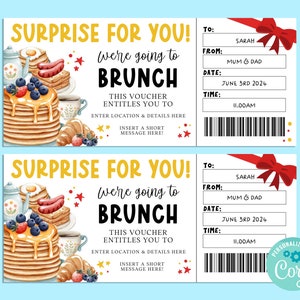Surprise BRUNCH Gift Ticket, Happy Birthday Gift Card, Gift Certificate, Graduation Gift,  Breakfast Voucher, Pancakes, Corjl PRINTABLE