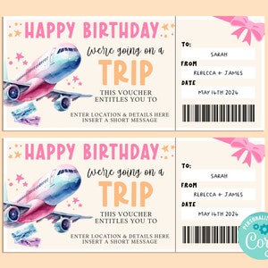 Boleto de regalo de VIAJE de feliz cumpleaños, tarjeta de regalo de cumpleaños de VACACIONES, certificado de regalo, boleto sorpresa, viaje por carretera, escapada, vacaciones, Corjl INSTANTÁNEO