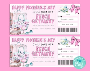 Mothers Day GETAWAY Gift Ticket, Happy Birthday Gift Card Gift Certificate, Surprise Ticket, Summer Beach Vacation Getaway, INSTANT Corjl