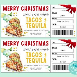 Frohe Weihnachten TACOS & TEQUILA bearbeitbare Geschenkkartenvorlage, saisonaler Geschenkgutschein, Überraschungskarte, INSTANT, mexikanisches Abendessen, Fiesta,