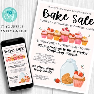 May include: A pink and white flyer with the text "St. Mark's Community Centre Presents Bake Sale" in black. The flyer advertises a bake sale with cookies, cupcakes, brownies, and cakes. The sale will be held on Sunday, 29th August from 9 am to 2 pm. All proceeds will go to the St. Mark's Elementary District. The flyer includes a picture of cupcakes and cookies.