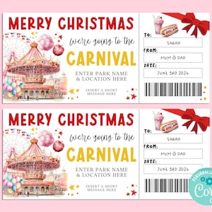 Modèle de billet cadeau modifiable joyeux Noël CARNAVAL, chèque-cadeau de Noël, billet surprise, escapade, INSTANTANÉ, parc à thème, parc d'attractions