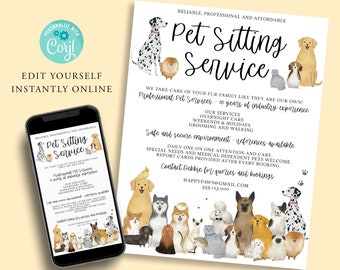 Folleto de cuidado de mascotas, plantilla de folleto para negocio de paseo de mascotas, peluquería canina, cuidado de perros, ferias de mascotas, invitación digital, imprimible instantáneo en Corjl