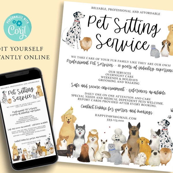 PET SITTING Flyer, Pet Walking Business flyer template, Pet Grooming, Dog Sitting, Pet Fairs, Digital Invitation, Printable Instant Corjl