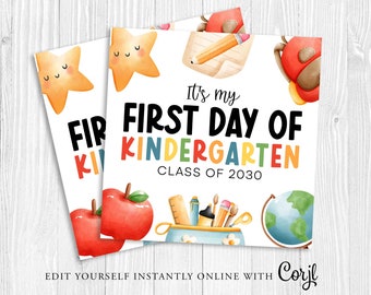 FIRST DAY of KINGERGARTEN Gift Tag, First Day of School, Back To School Diy card, first day sign, gift for teacher student, Printable Corjl